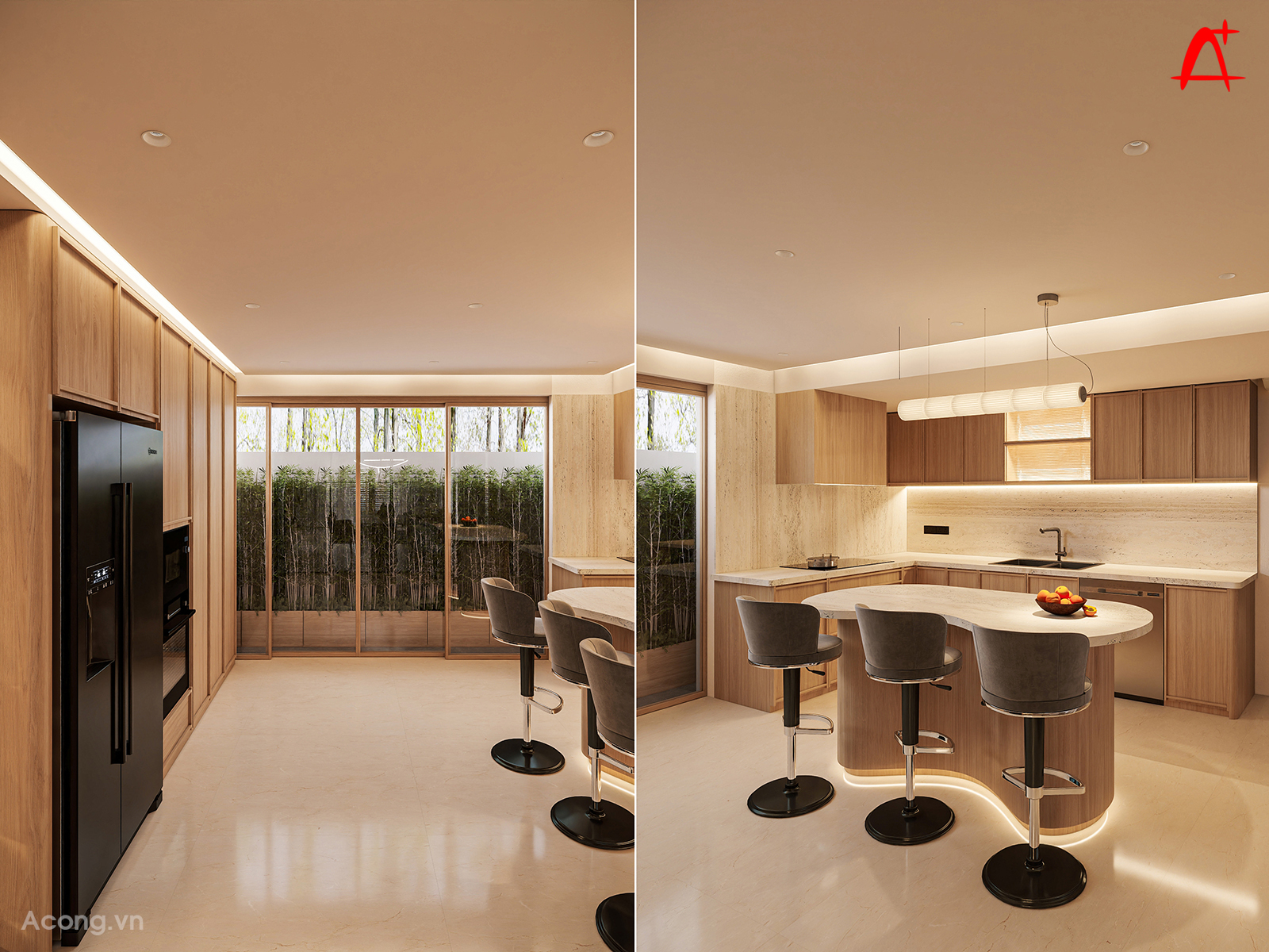 Khu bếp gọn gàng, bố trí hợp lý theo tam giác công năng, sử dụng vật liệu sáng giúp không gian sạch và dễ sử dụng.